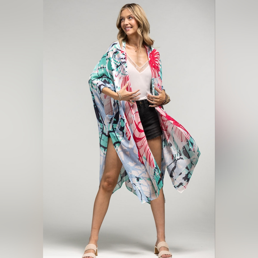 Large Flower Print Kimono w Side Slits - Lightweight Silky Material - Picture 4 of 4
